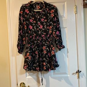 Free People floral buttoned mini shirt dress elastic waist flounced hem